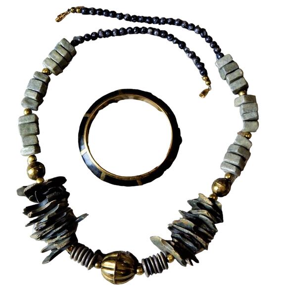 Tribal Wood Metal & Stone Necklace + Primitive Bangle Set - Picture 1 of 9